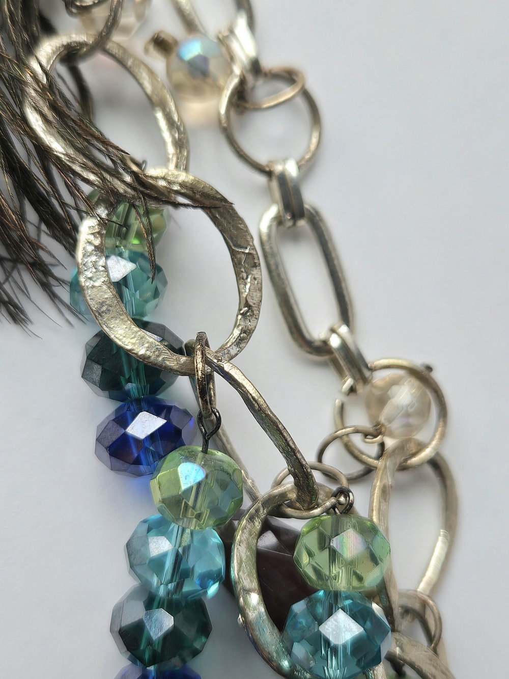 Boho Glam Peacock Real Feather Statement Necklace Fringe Asymmetrical Crystal - Picture 5 of 6
